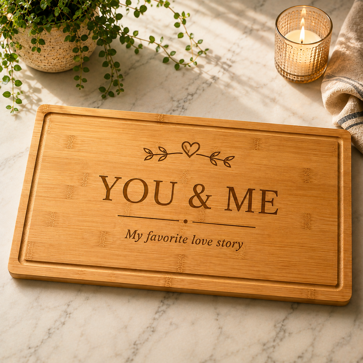 A rectangular bamboo serving board engraved with 'YOU & ME My favorite love story' and a small heart motif, photographed on a marble surface with a potted plant, a lit candle, and a folded cloth nearby.