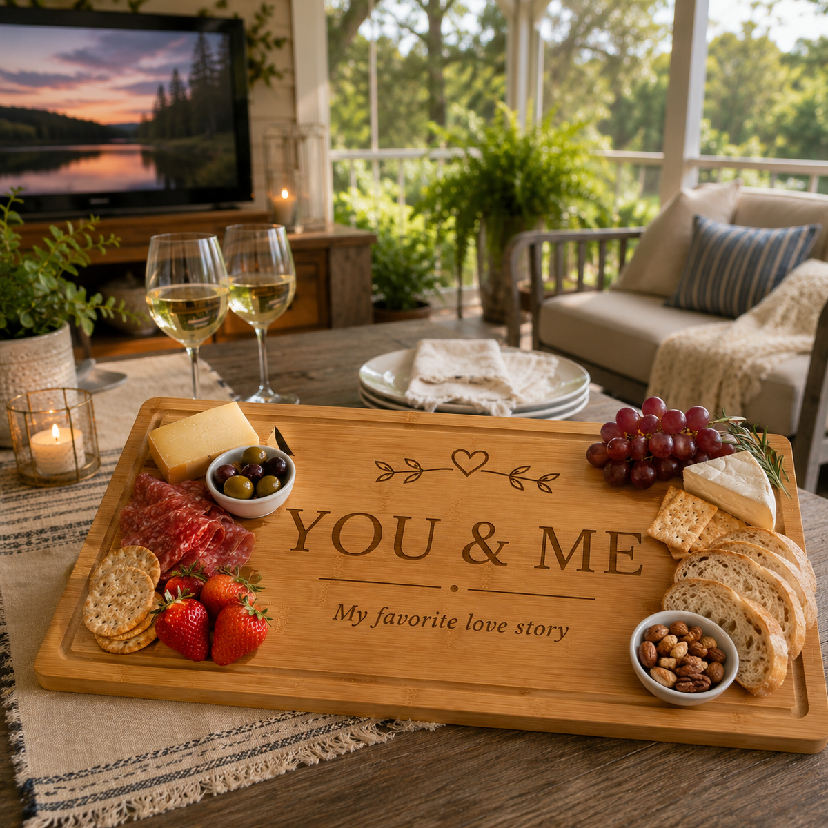 A personalized wooden charcuterie board engraved with 'YOU & ME My favorite love story' is styled on a porch table with cheese, crackers, grapes, olives, and wine glasses, with a cozy screened-in room and TV in the background.