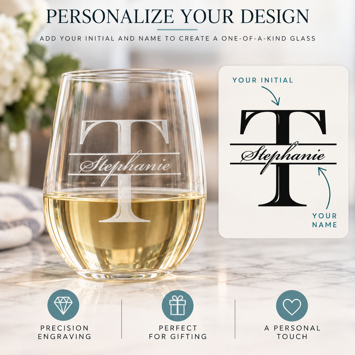 Diagram titled Personalize Your Design showing a wine glass engraved with the letter T and the name Stephanie, labeled to show where your initial and your name are engraved.