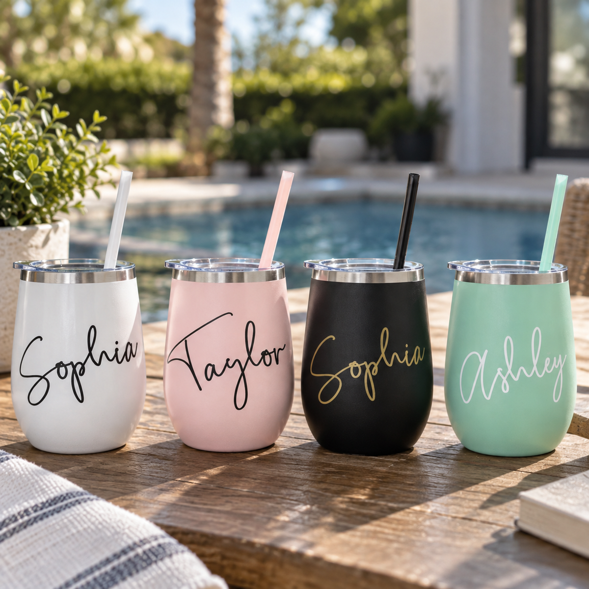 Four personalized stainless steel wine tumblers with straws are lined up on a wooden table outdoors near a pool. The tumblers are white, pink, black, and mint green, each with a different script name (Sophia, Taylor, Sophia, Ashley) on the front.