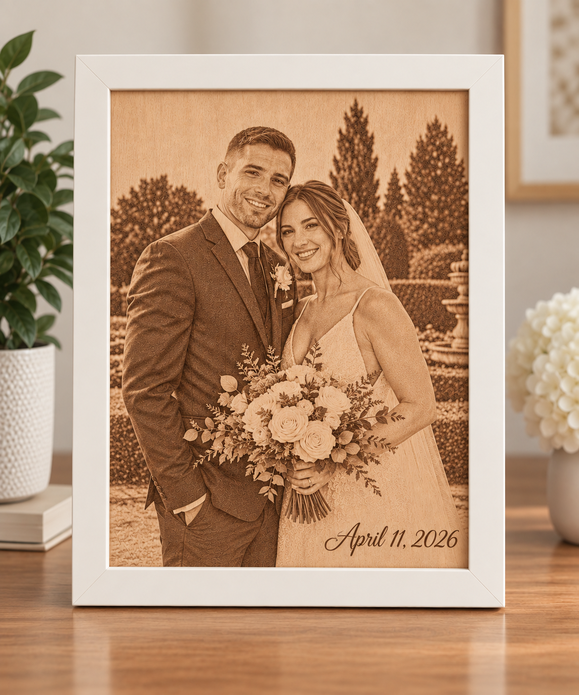 A white rectangular frame displaying a sepia-toned wedding photograph of a couple, placed on a wooden surface with a plant and flowers in the background.