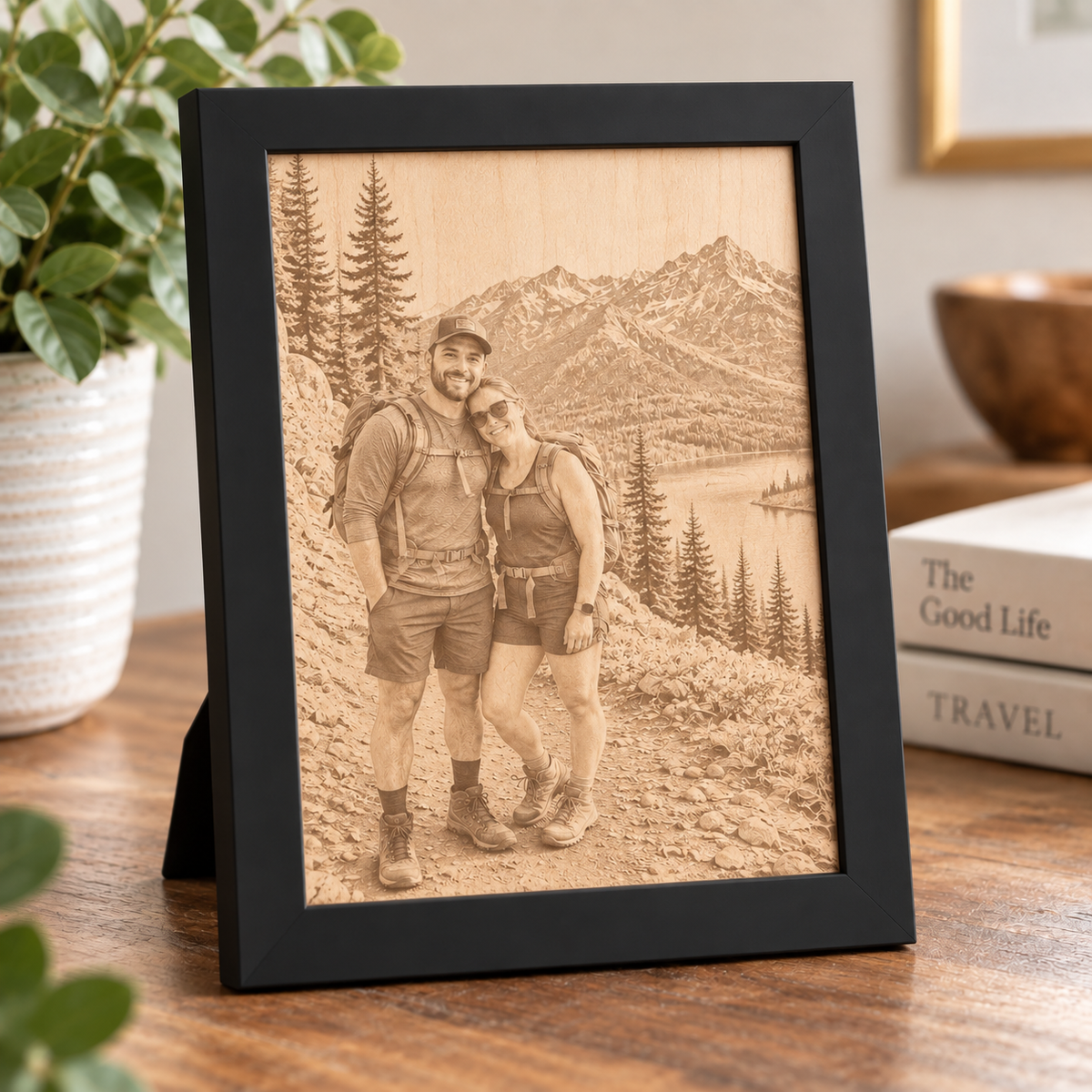 A black rectangular photo frame standing on a wooden table, displaying a sepia-toned engraved or printed couple's mountain landscape photo. The frame is styled on a tabletop with a potted plant and books in the background.