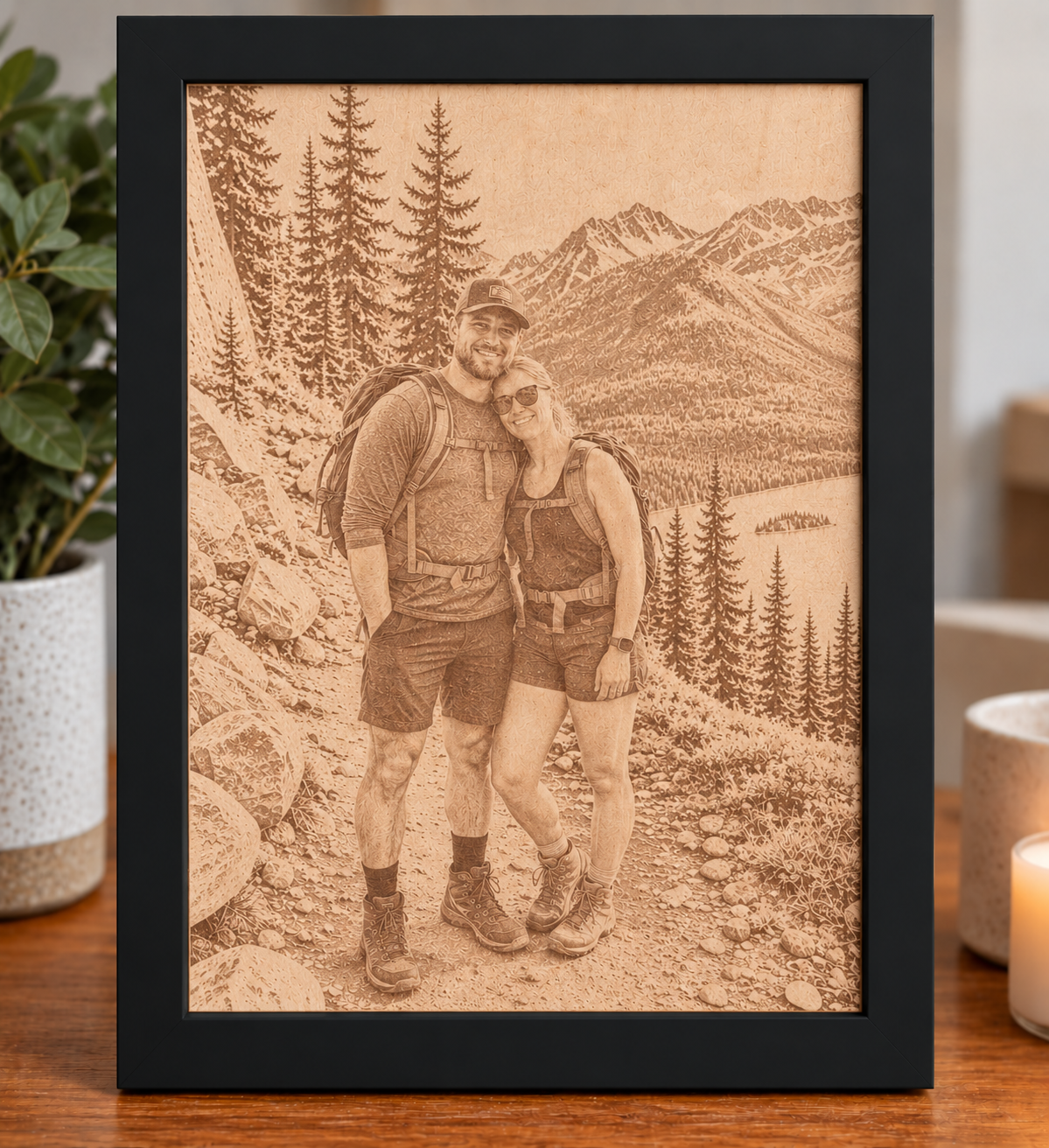 A framed custom photo print featuring a couple hiking in a mountain landscape, displayed on a wooden surface with a potted plant and candle in the background.