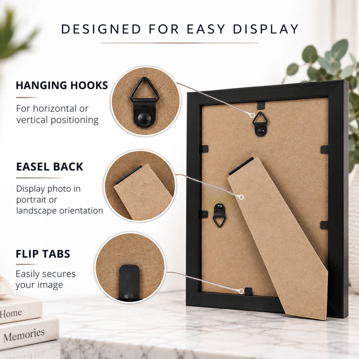 A black picture frame with a kraft paper back and display features, shown on a marble surface with callout graphics explaining hanging hooks, easel back, and flip tabs.