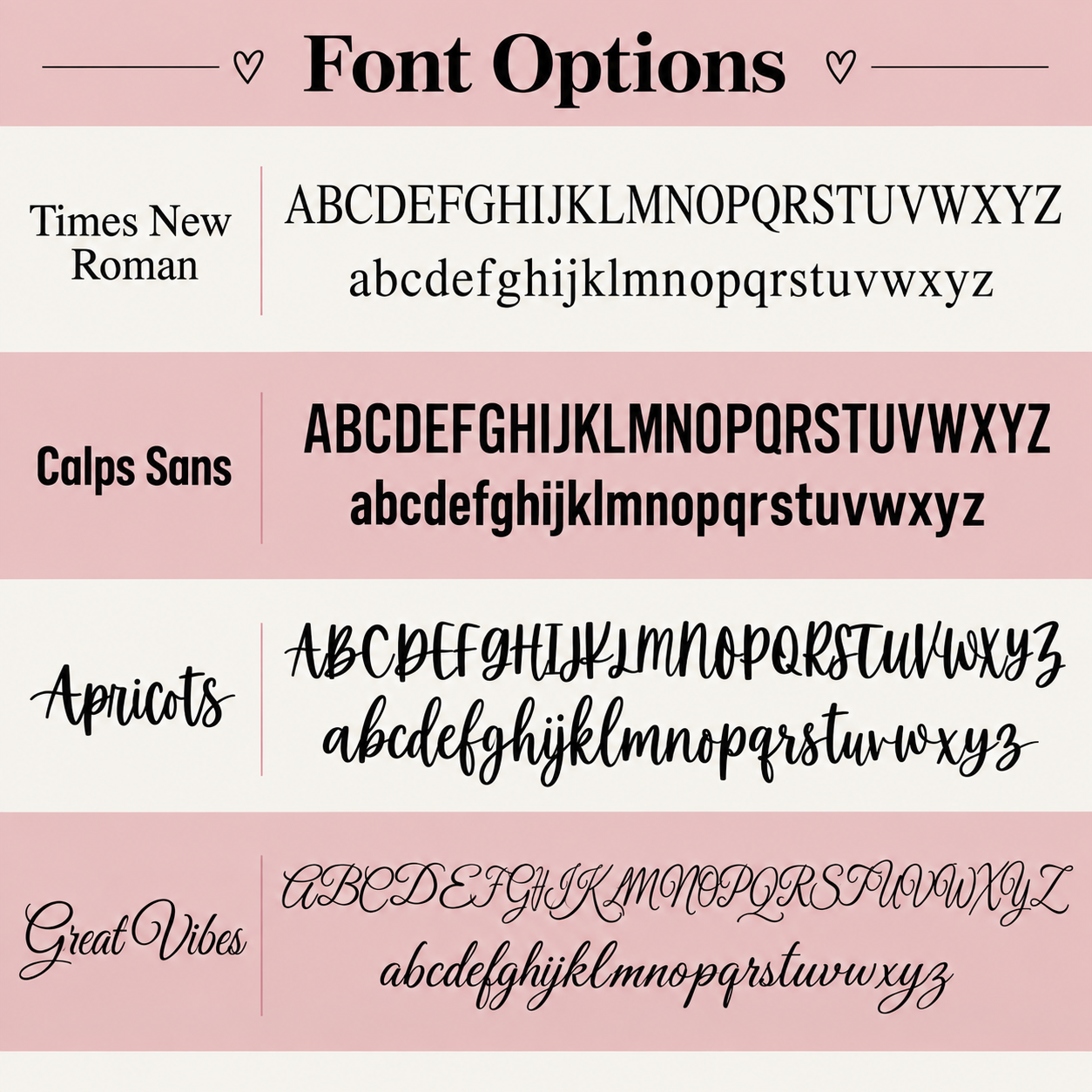 A digital graphic displaying font options for a product, showing uppercase and lowercase lettering samples for Times New Roman, Calps Sans, Apricots, and Great Vibes on a pink and cream background.