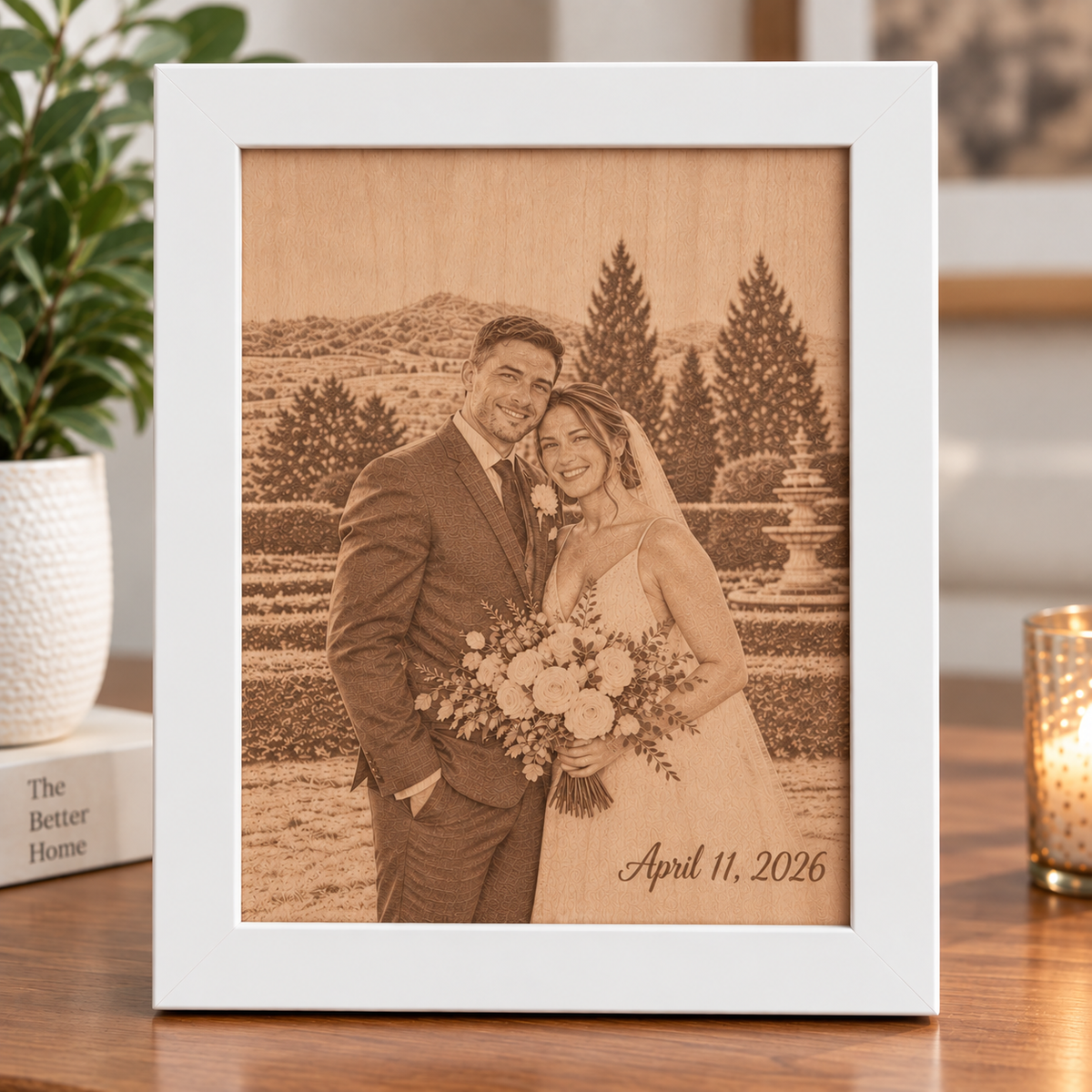 White picture frame with wood etched photo of a bride and groom with the date of their wedding etch into wood 