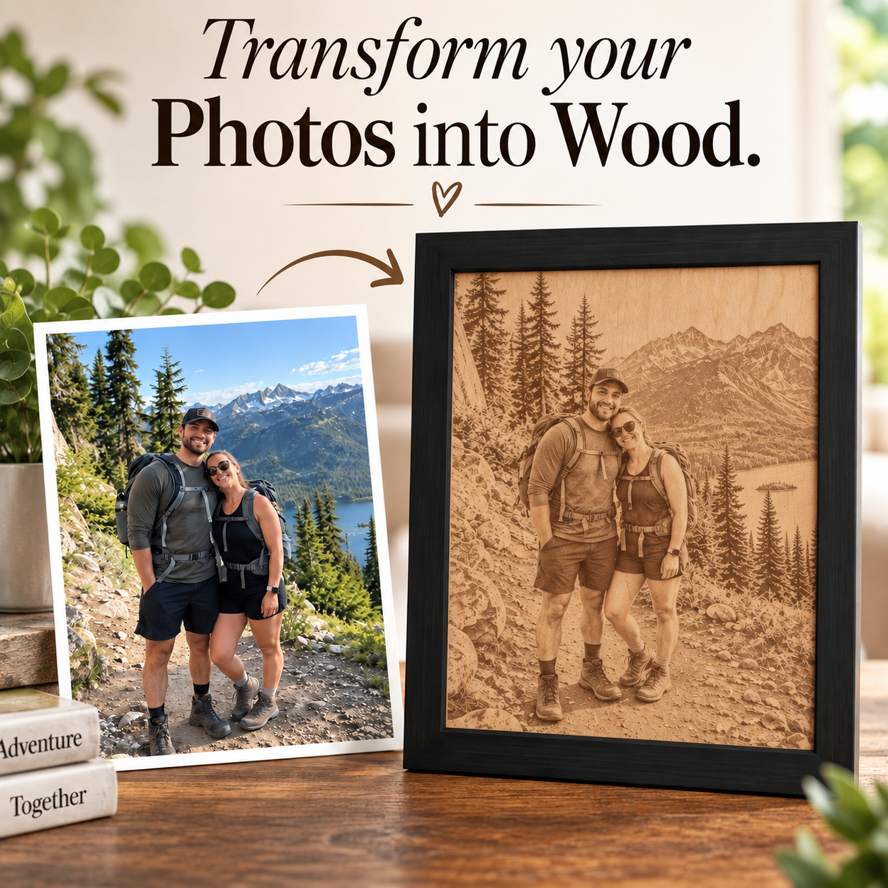 A framed custom wood photo print stands on a wooden table beside a loose reference photo, with the text 'Transform your Photos into Wood.' above.