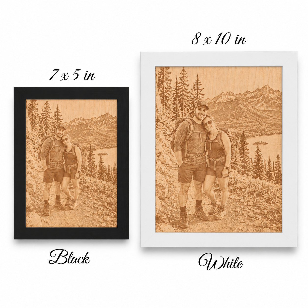 Two framed wood-engraved photo prints shown side by side on a white background, labeled 7 x 5 in and 8 x 10 in, with color options Black and White indicated below each frame.