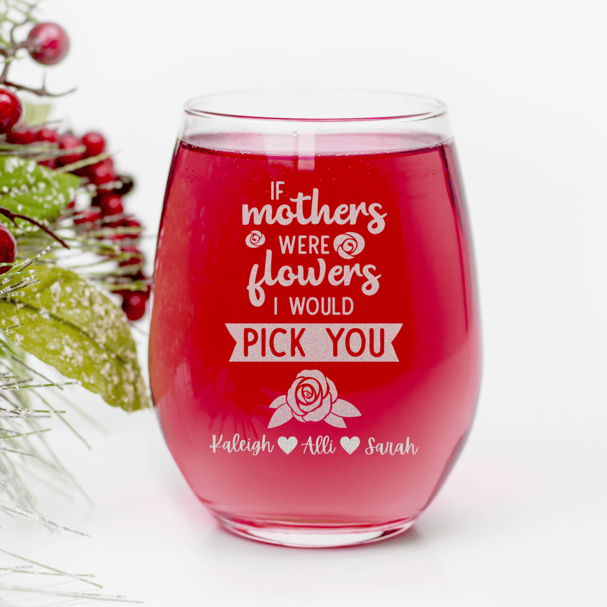 Personalized Picking Mom Flowers Stemless Wine Glass for her, Customized Gifts for Women by Groovy Girl Gifts