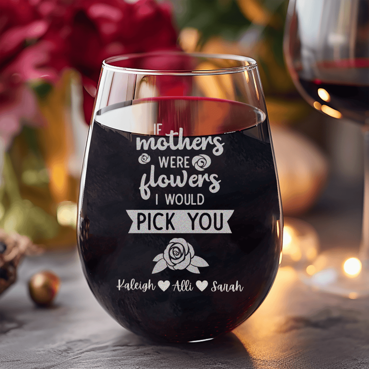 Personalized Picking Mom Flowers Stemless Wine Glass for her, Customized Gifts for Women by Groovy Girl Gifts