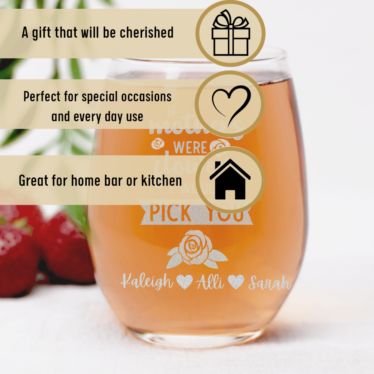 Personalized Picking Mom Flowers Stemless Wine Glass for her, Customized Gifts for Women by Groovy Girl Gifts