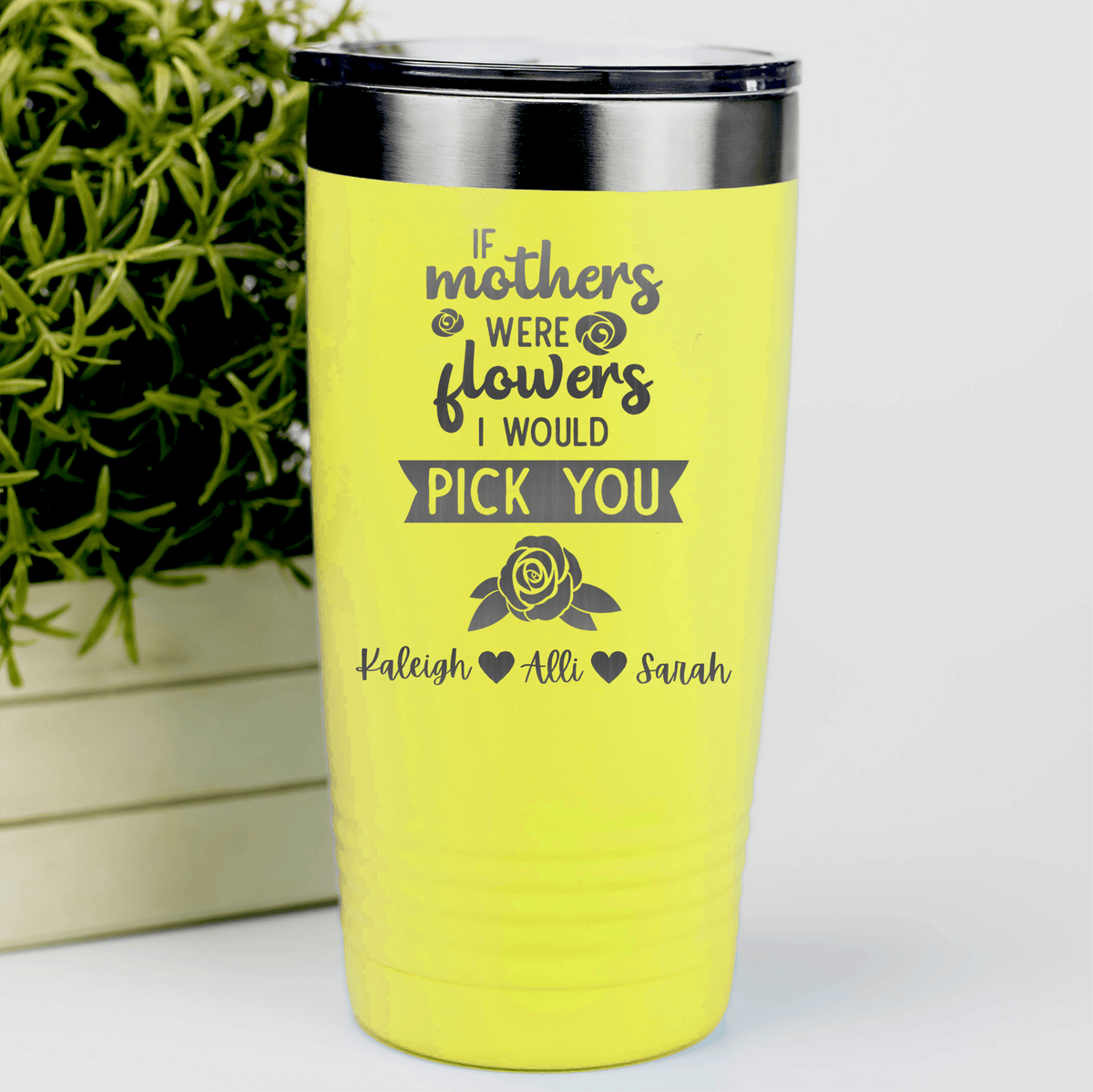 Yellow Mothers Day Tumbler With Picking Mom Flowers Design