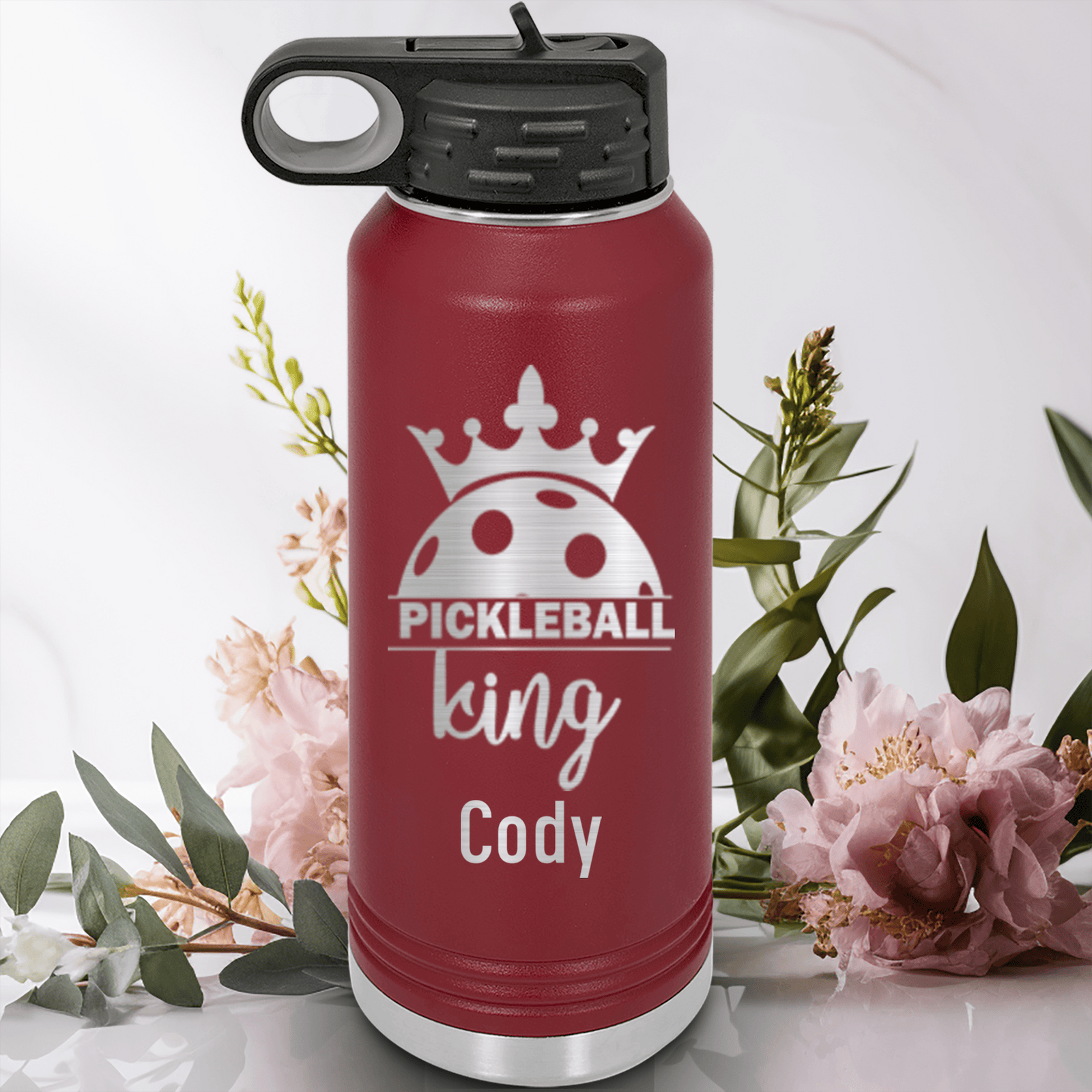 Maroon Pickleball Water Bottle With Pickle King Design