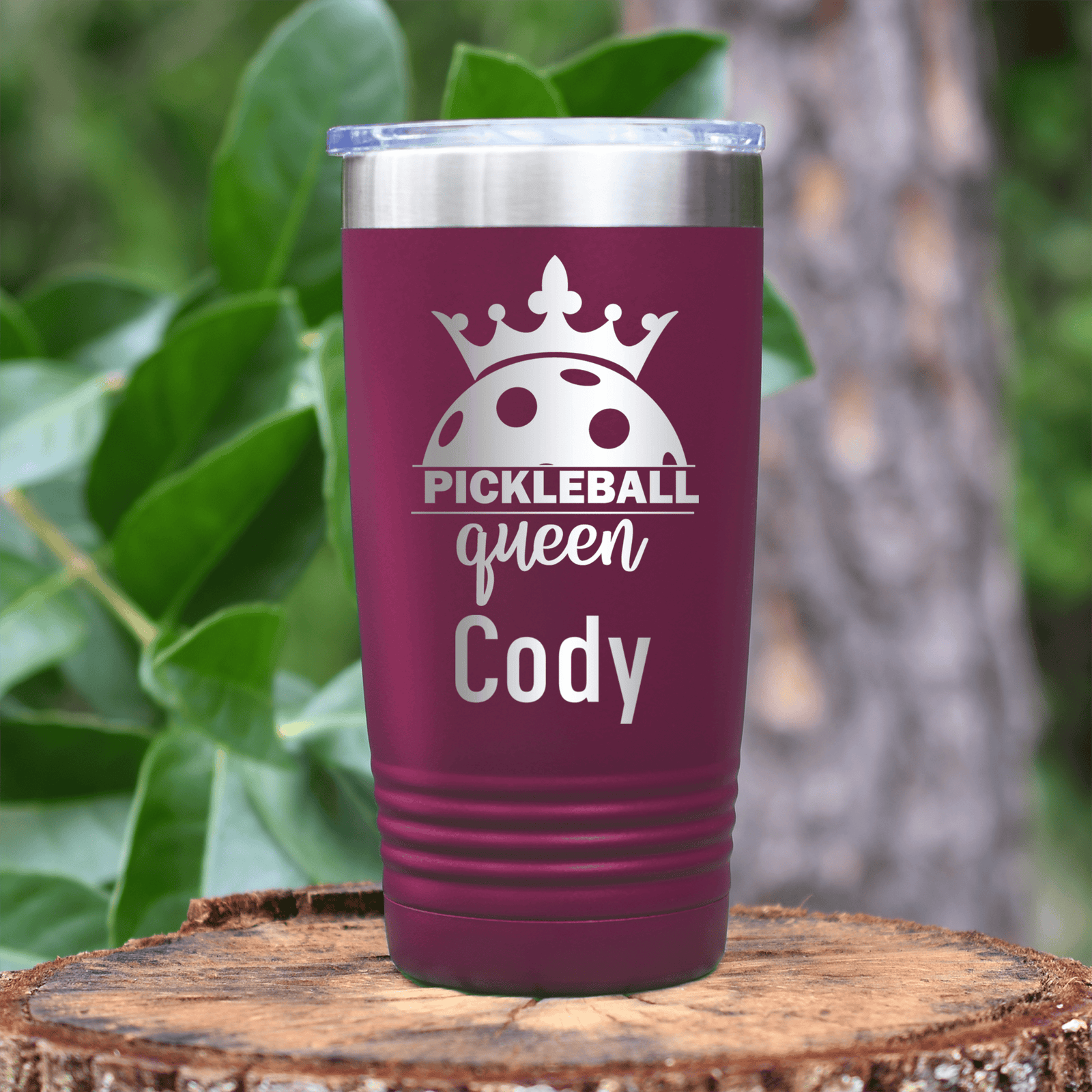 Maroon Pickleball Tumbler With Pickle Queen Design