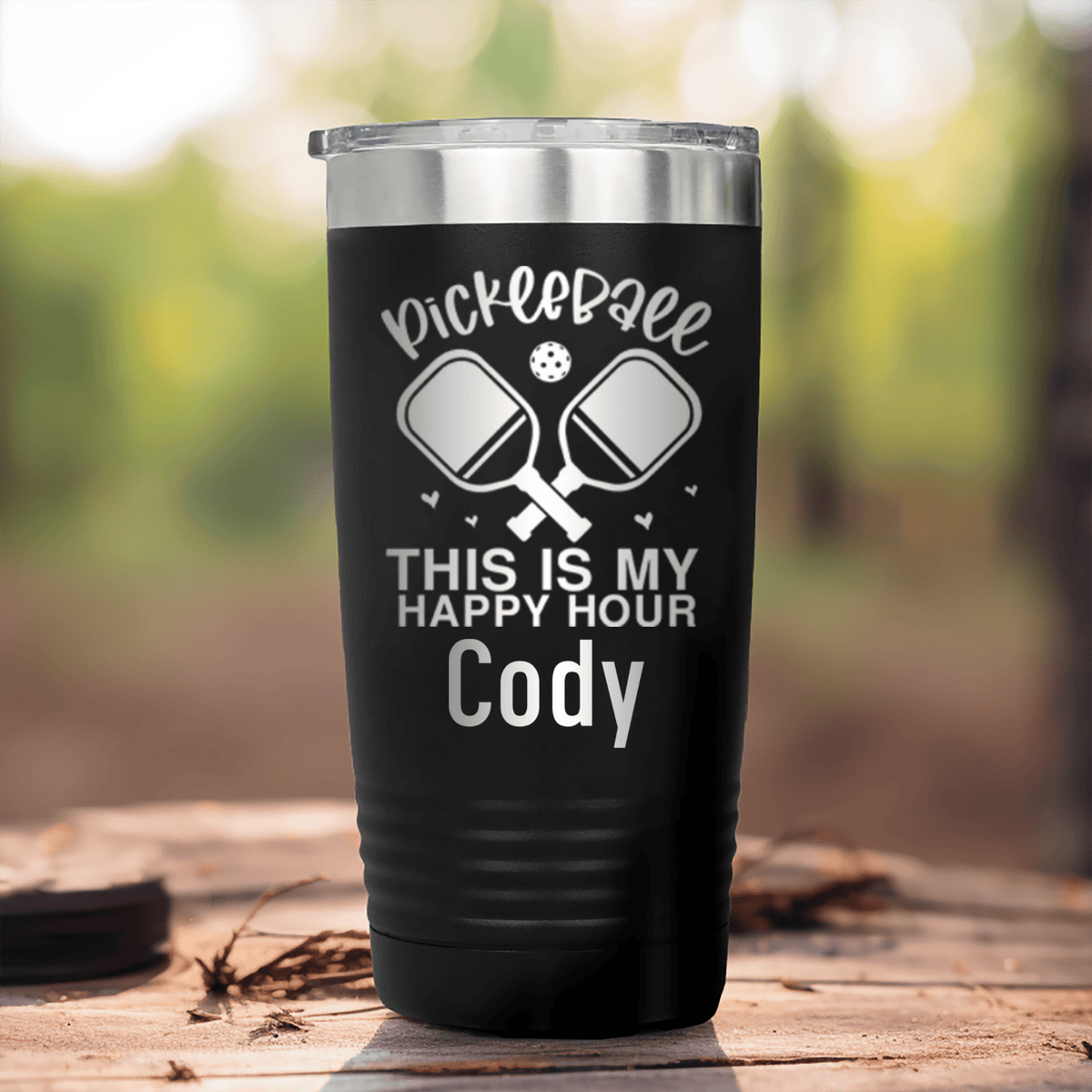 Black Pickleball Tumbler With Pickleball Happy Hour Design