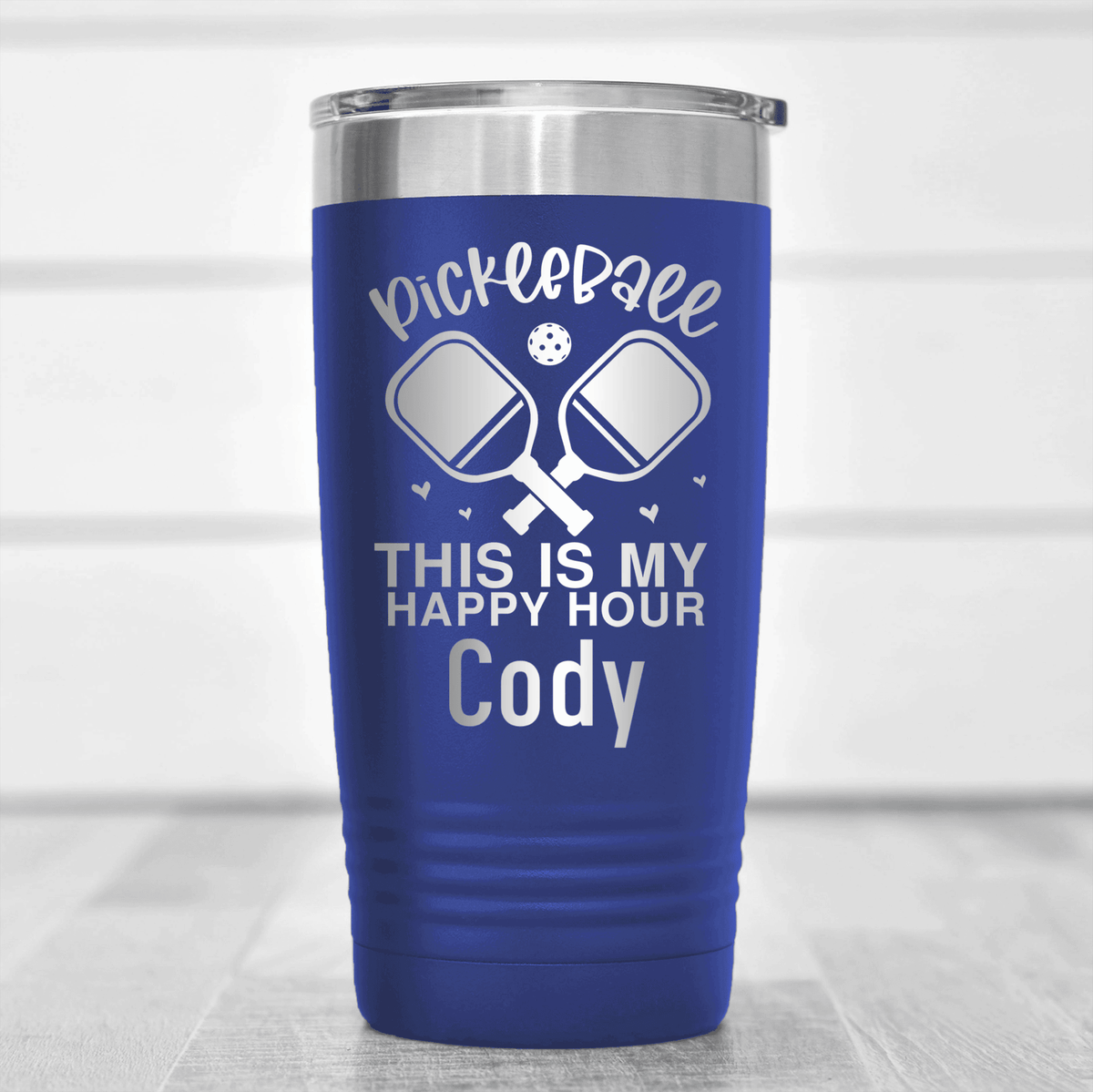 Blue Pickleball Tumbler With Pickleball Happy Hour Design