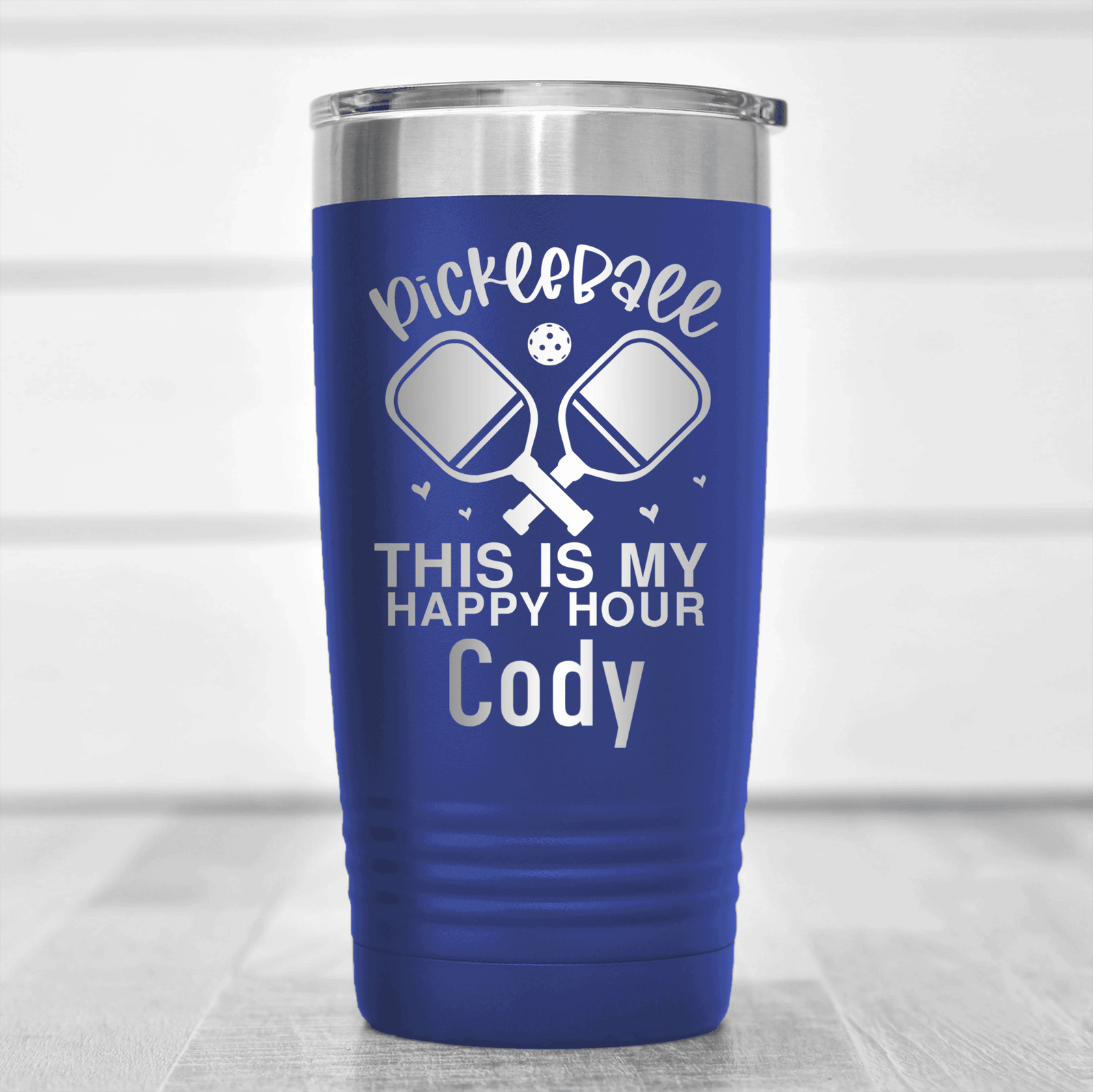 Blue Pickleball Tumbler With Pickleball Happy Hour Design