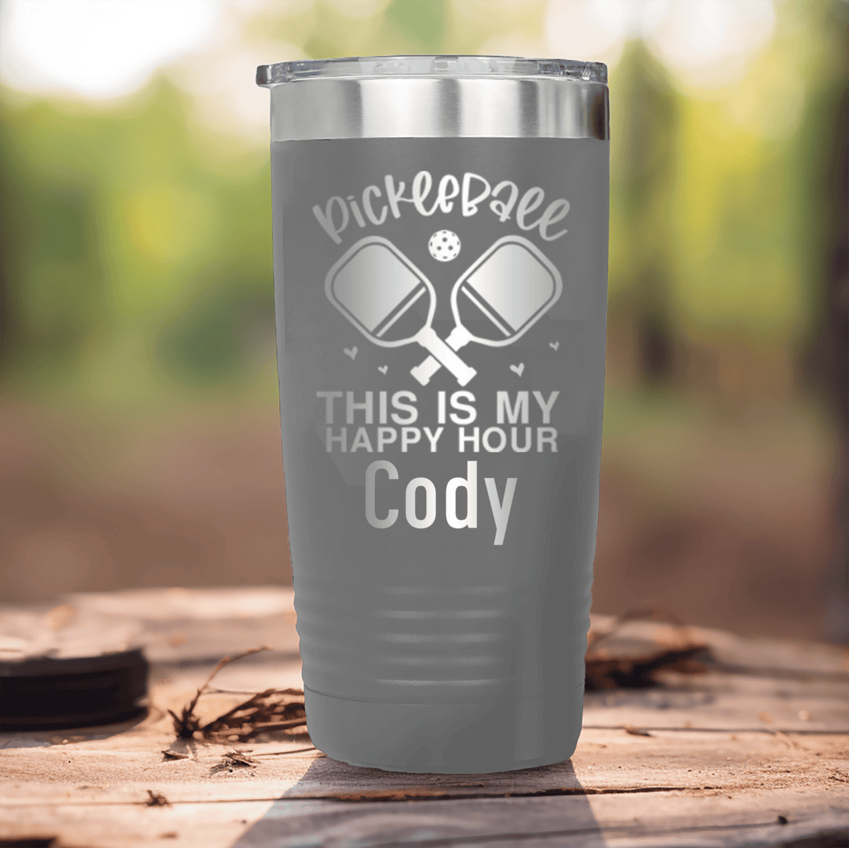Grey Pickleball Tumbler With Pickleball Happy Hour Design