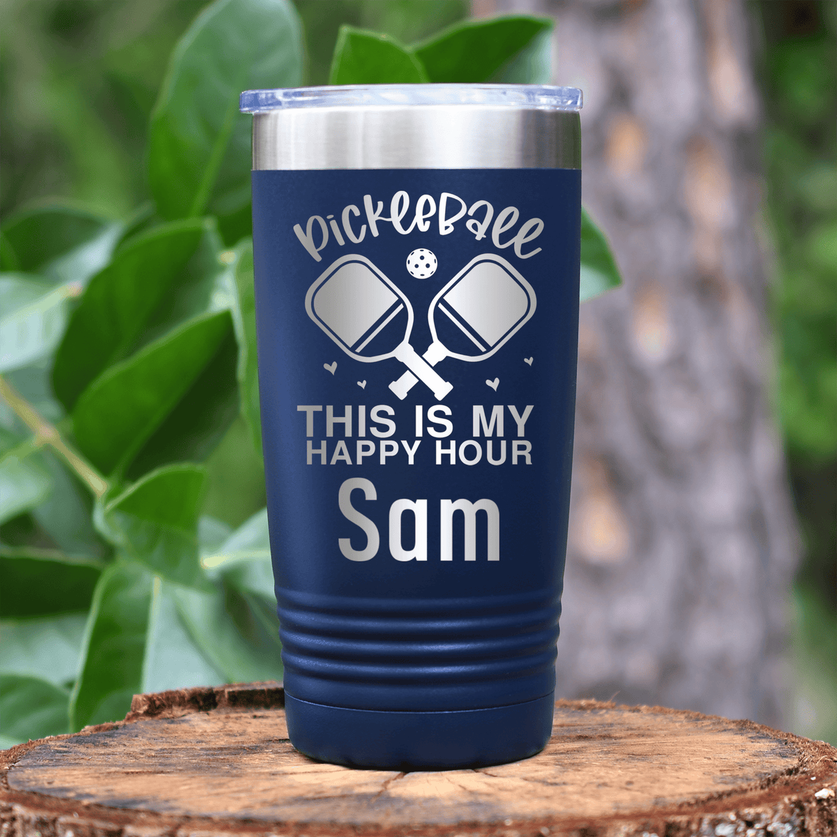 Navy Pickleball Tumbler With Pickleball Happy Hour Design