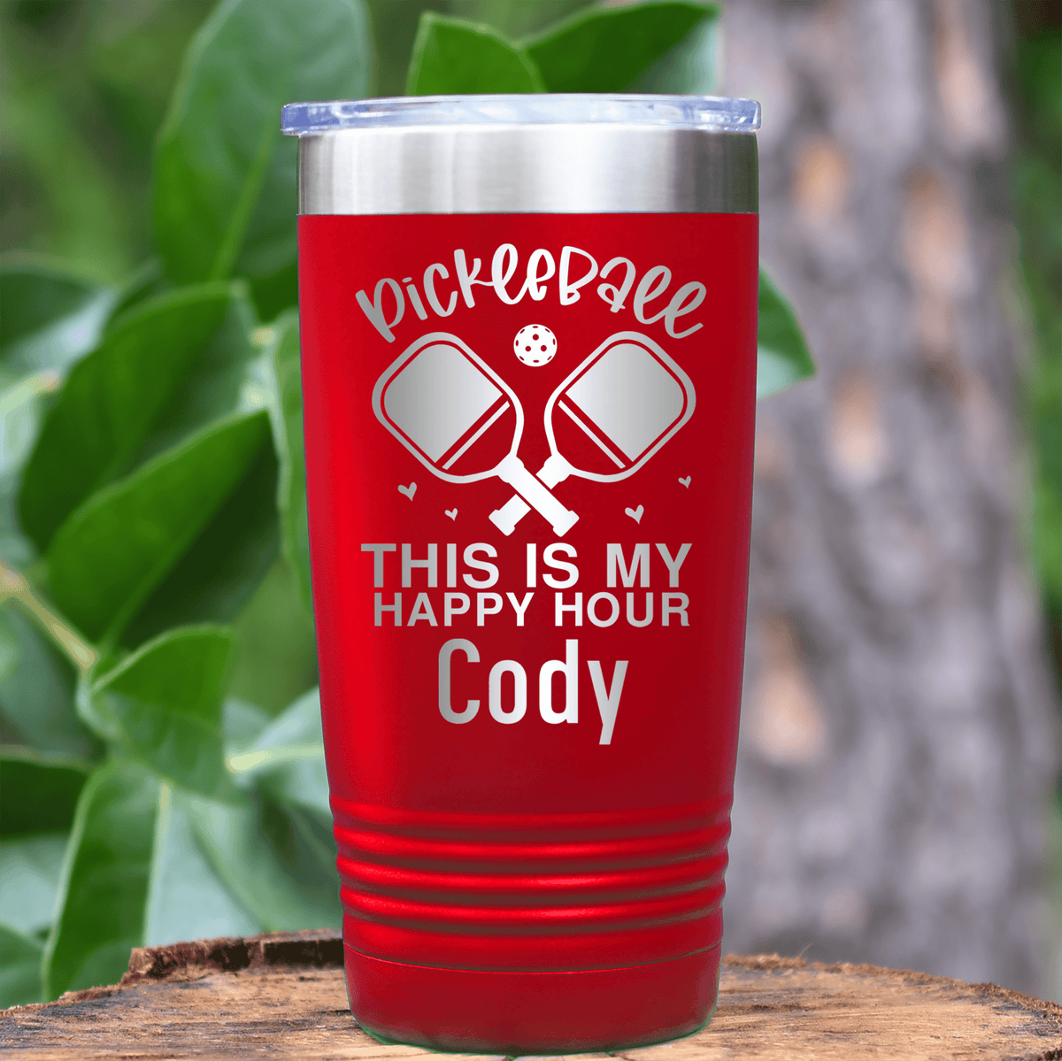 Red Pickleball Tumbler With Pickleball Happy Hour Design