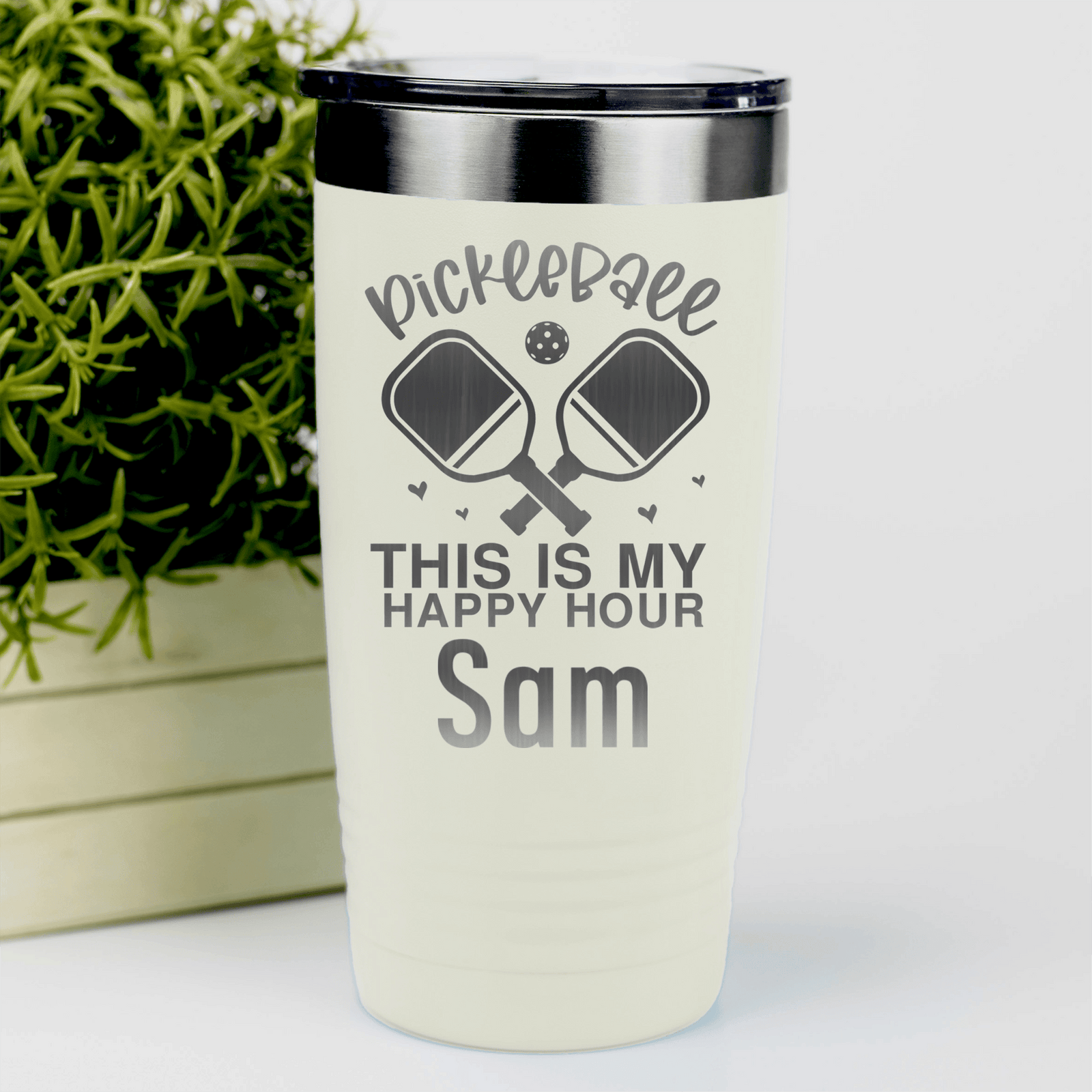 White Pickleball Tumbler With Pickleball Happy Hour Design