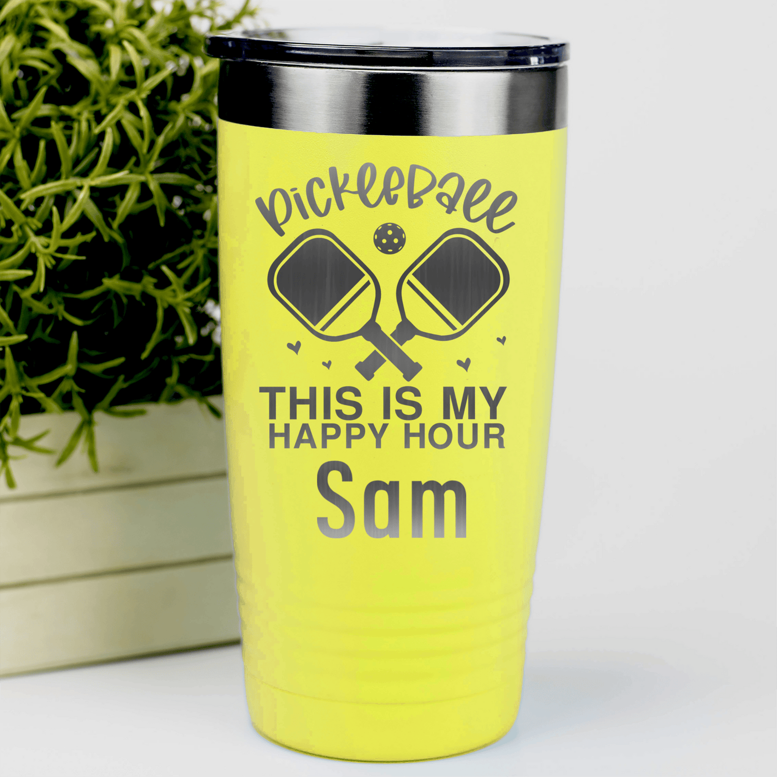 Yellow Pickleball Tumbler With Pickleball Happy Hour Design