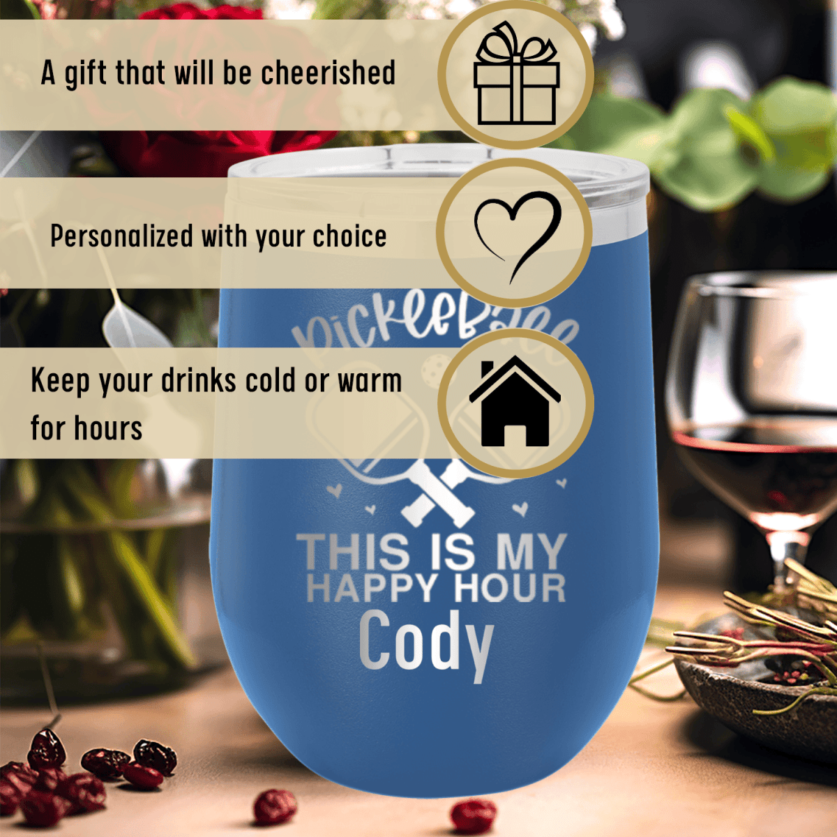 Personalized Pickleball Happy Hour Wine Tumbler for her, Customized Gifts for Women by Groovy Girl Gifts