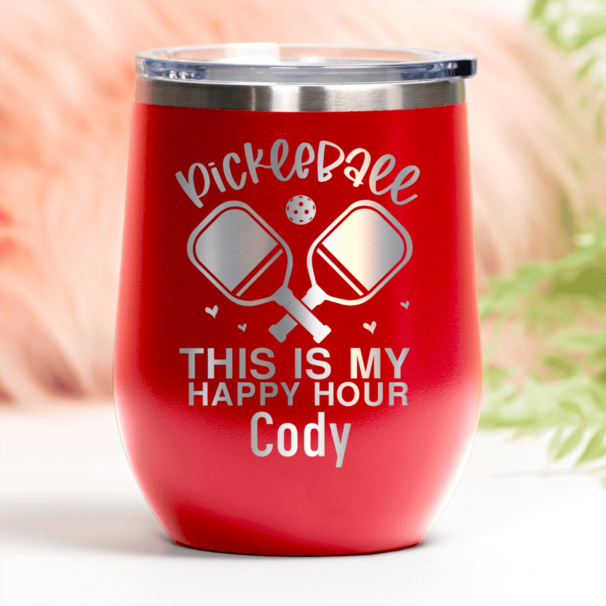 Red Pickleball Wine Tumbler With Pickleball Happy Hour Design