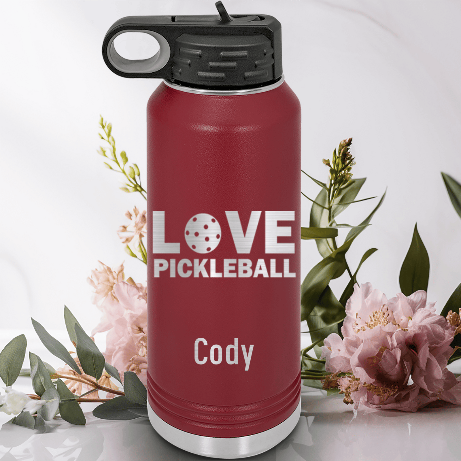 Maroon Pickleball Water Bottle With Pickleball Love Design