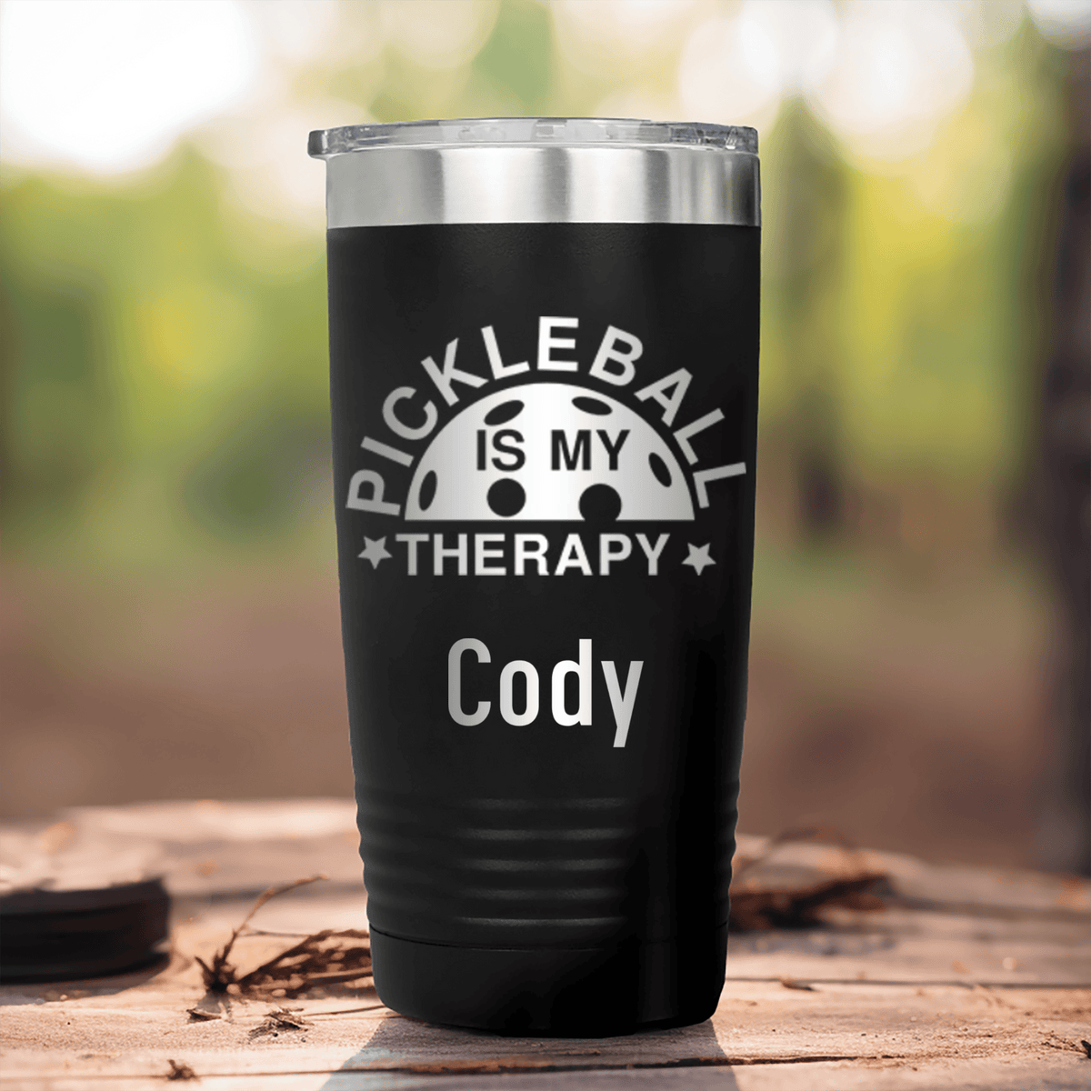 Black Pickleball Tumbler With Pickleball Therapy Design