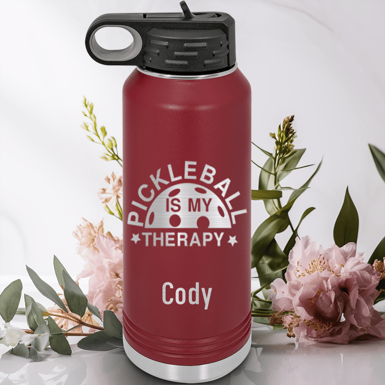 Maroon Pickleball Water Bottle With Pickleball Therapy Design