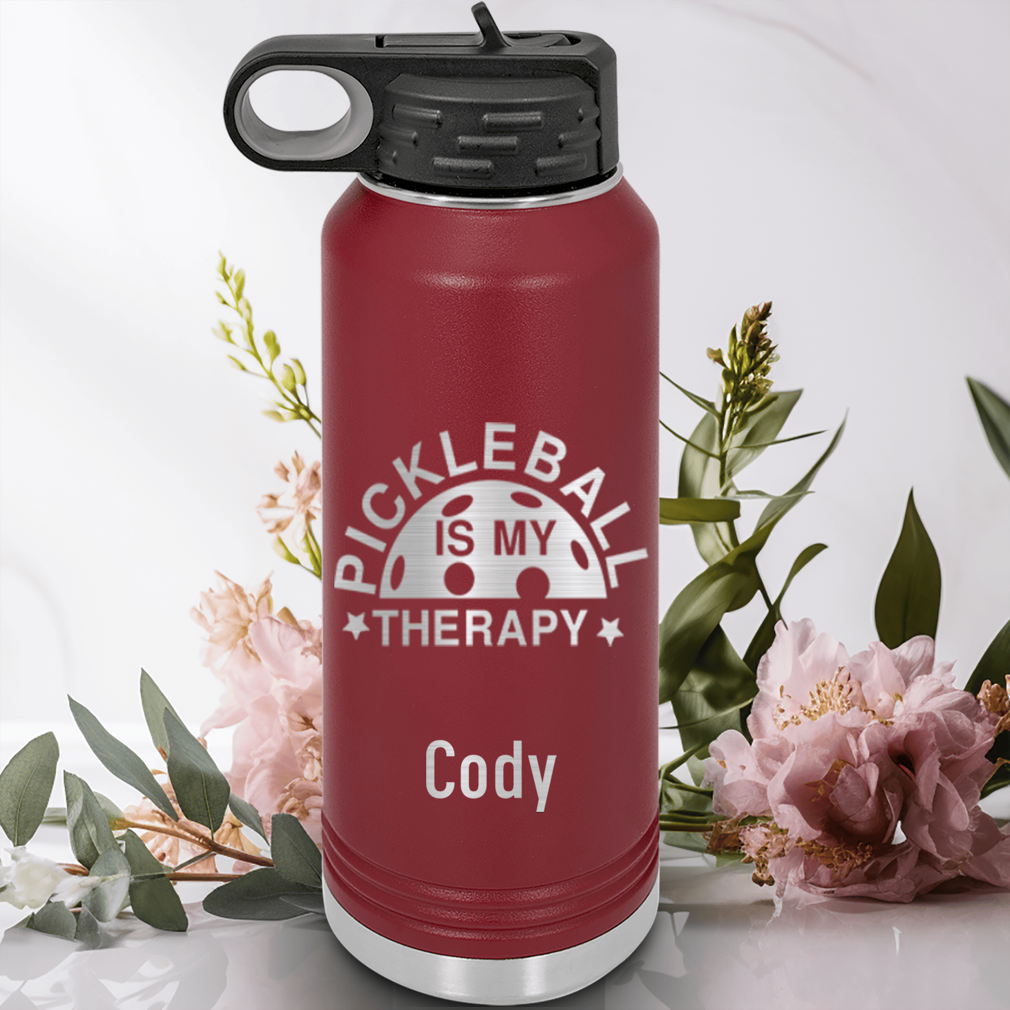 Maroon Pickleball Water Bottle With Pickleball Therapy Design
