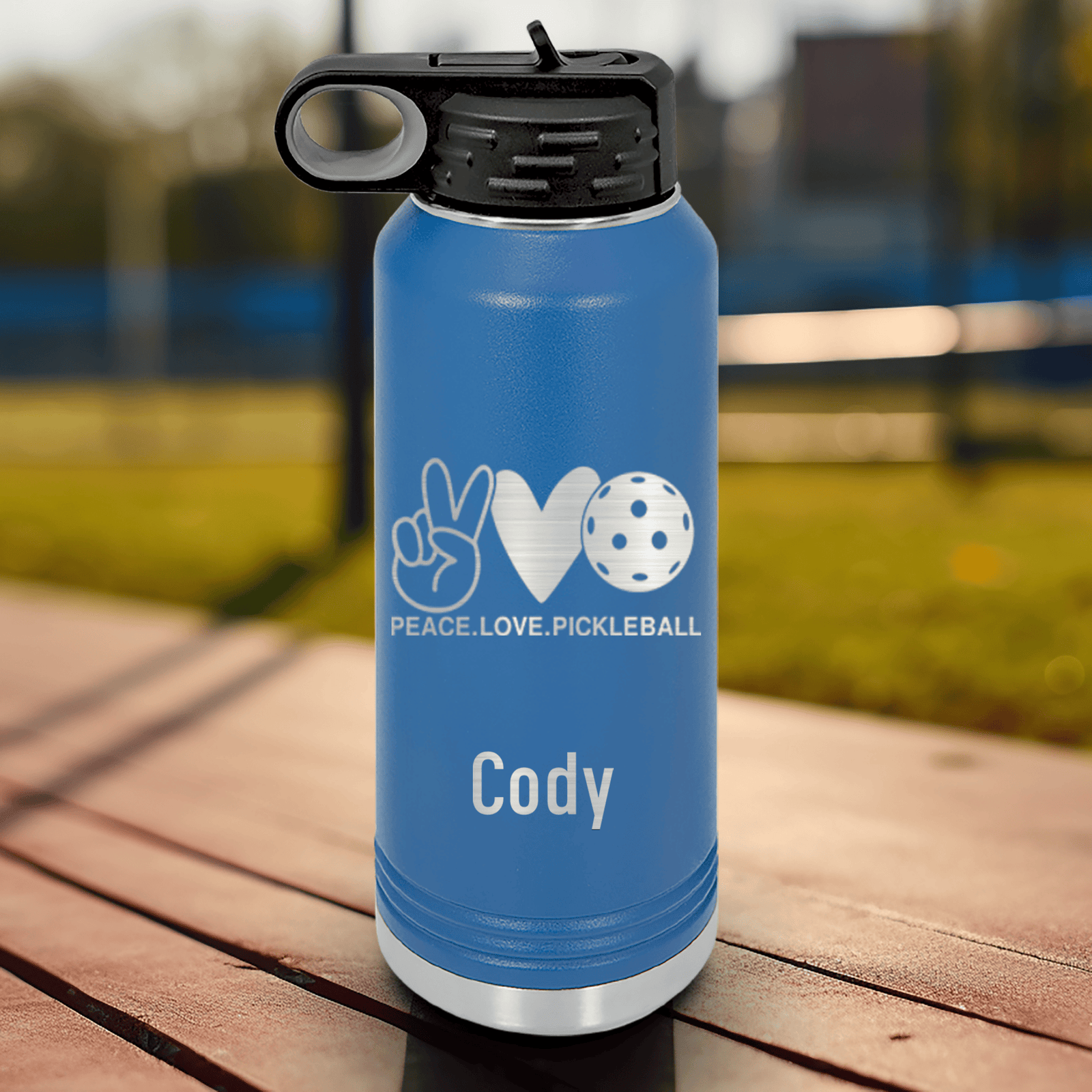 Blue Pickleball Water Bottle With Pickles Peach And Love Design