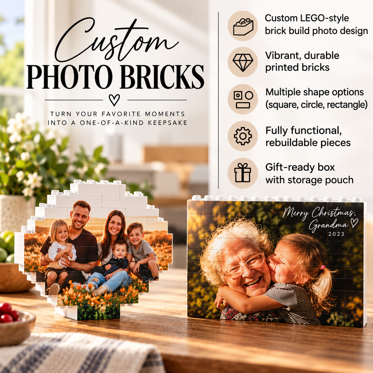 Product feature graphic for Custom Photo Bricks showing a heart-shaped couple photo and a rectangular grandmother and grandchild photo, both printed on interlocking bricks.
