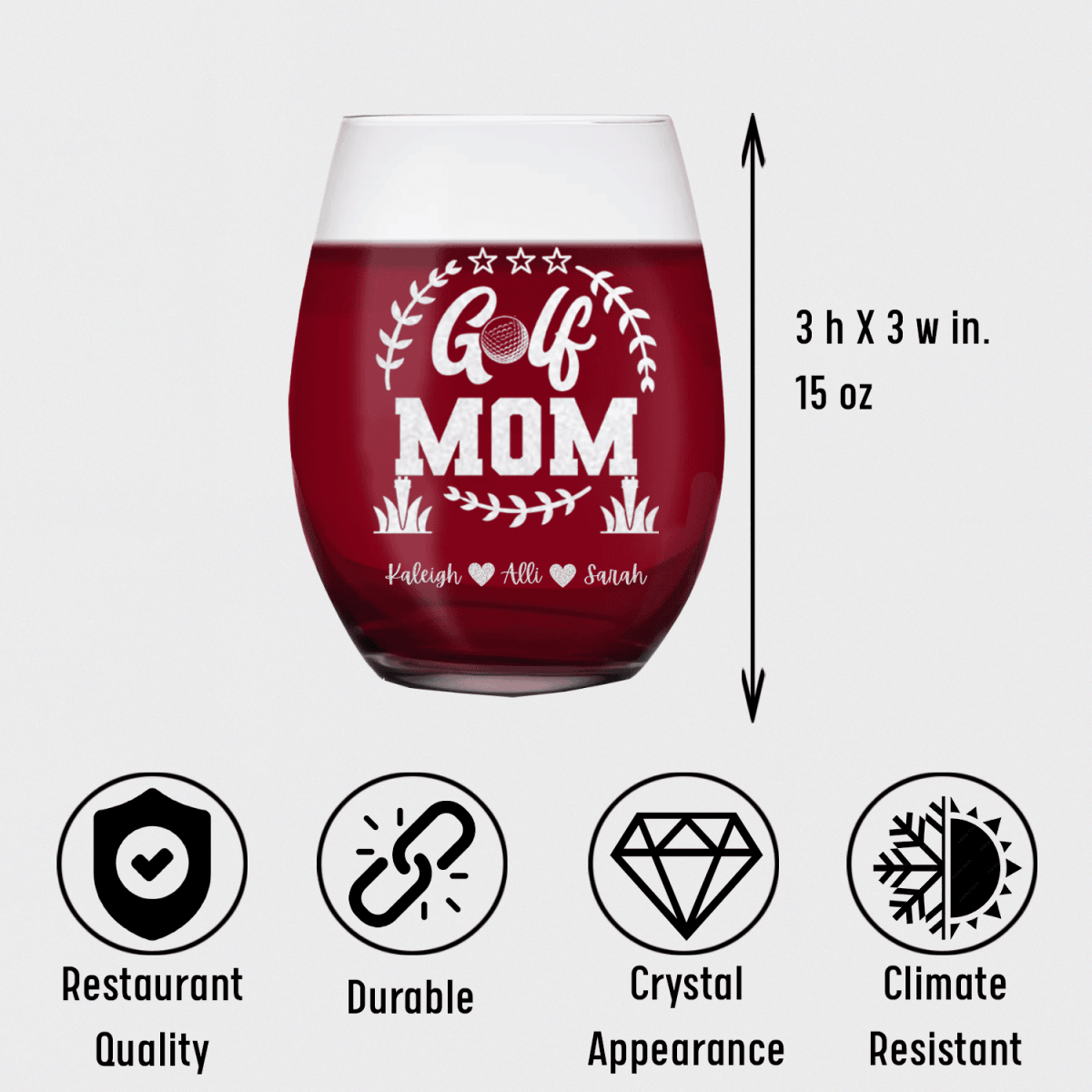 Personalized Professional Golf Mom Stemless Wine Glass for her, Customized Gifts for Women by Groovy Girl Gifts