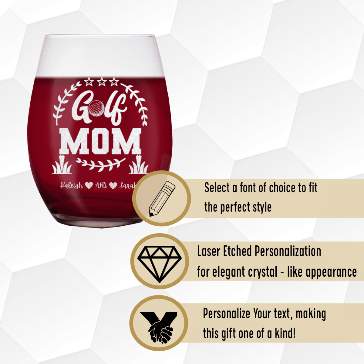 Personalized Professional Golf Mom Stemless Wine Glass for her, Customized Gifts for Women by Groovy Girl Gifts