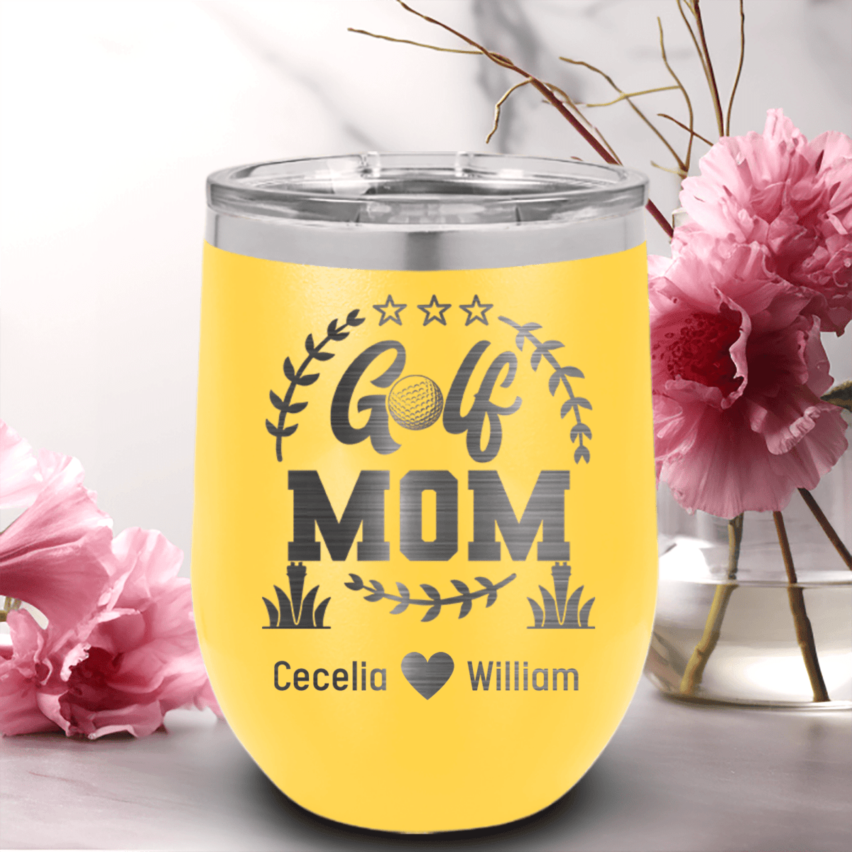 Yellow Golf Mom Wine Tumbler With Professional Golf Mom Design