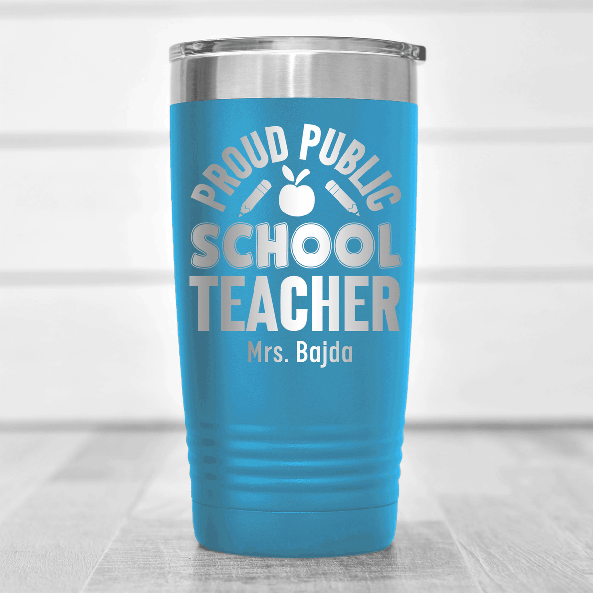 Light Blue Teacher Tumbler With Proud Public School Teacher Design