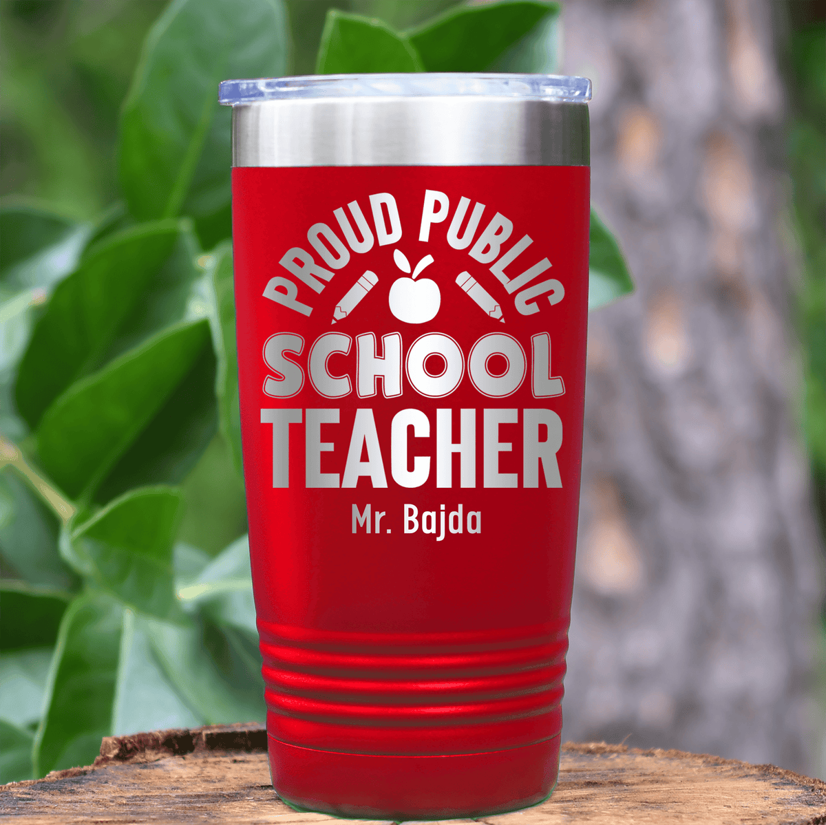 Red Teacher Tumbler With Proud Public School Teacher Design