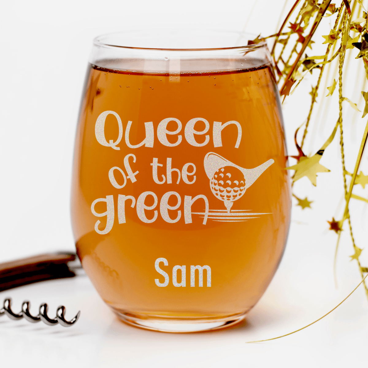 Personalized Queen Of The Green Stemless Wine Glass for her, Customized Gifts for Women by Groovy Girl Gifts
