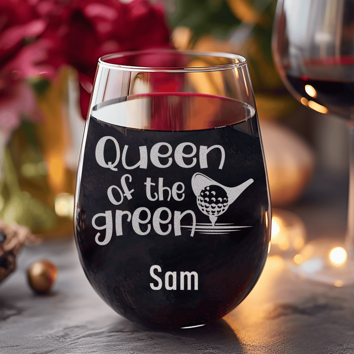 Personalized Queen Of The Green Stemless Wine Glass for her, Customized Gifts for Women by Groovy Girl Gifts