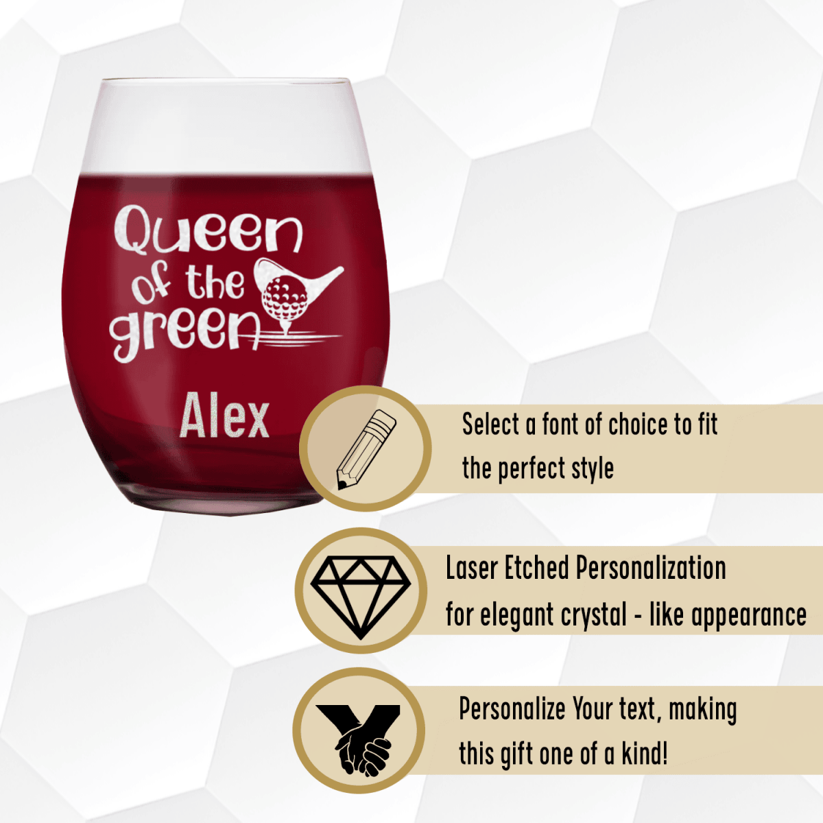 Personalized Queen Of The Green Stemless Wine Glass for her, Customized Gifts for Women by Groovy Girl Gifts