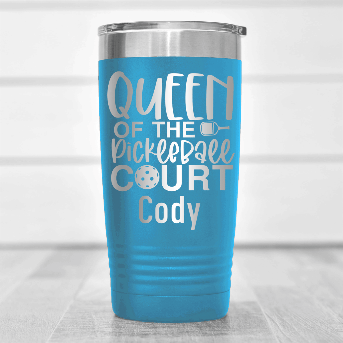 Light Blue Pickleball Tumbler With Queen Of The Pickleball Court Design