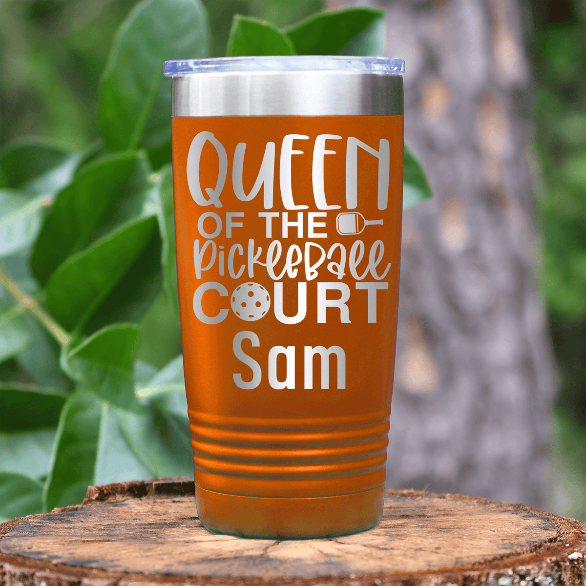 Orange Pickleball Tumbler With Queen Of The Pickleball Court Design