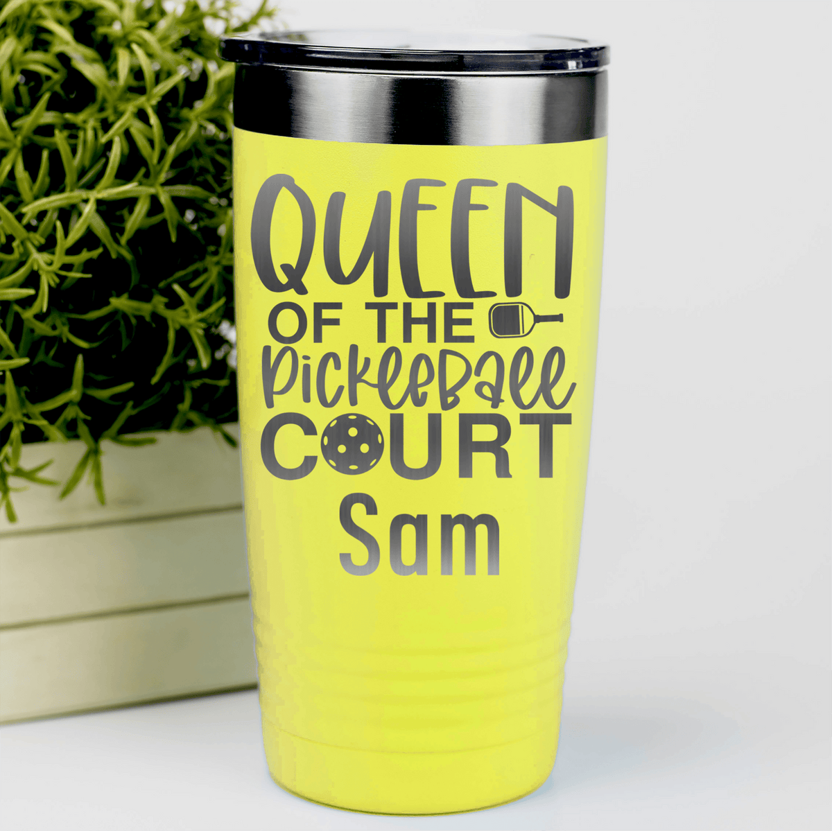 Yellow Pickleball Tumbler With Queen Of The Pickleball Court Design