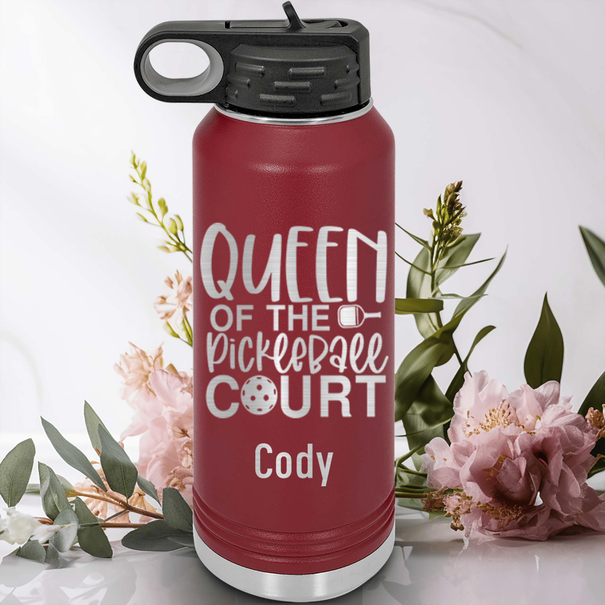 Maroon Pickleball Water Bottle With Queen Of The Pickleball Court Design