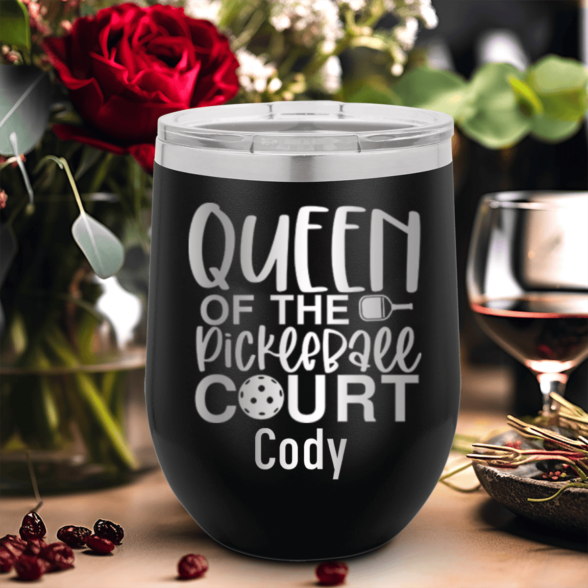 Personalized Queen Of The Pickleball Court Wine Tumbler for her, Customized Gifts for Women by Groovy Girl Gifts