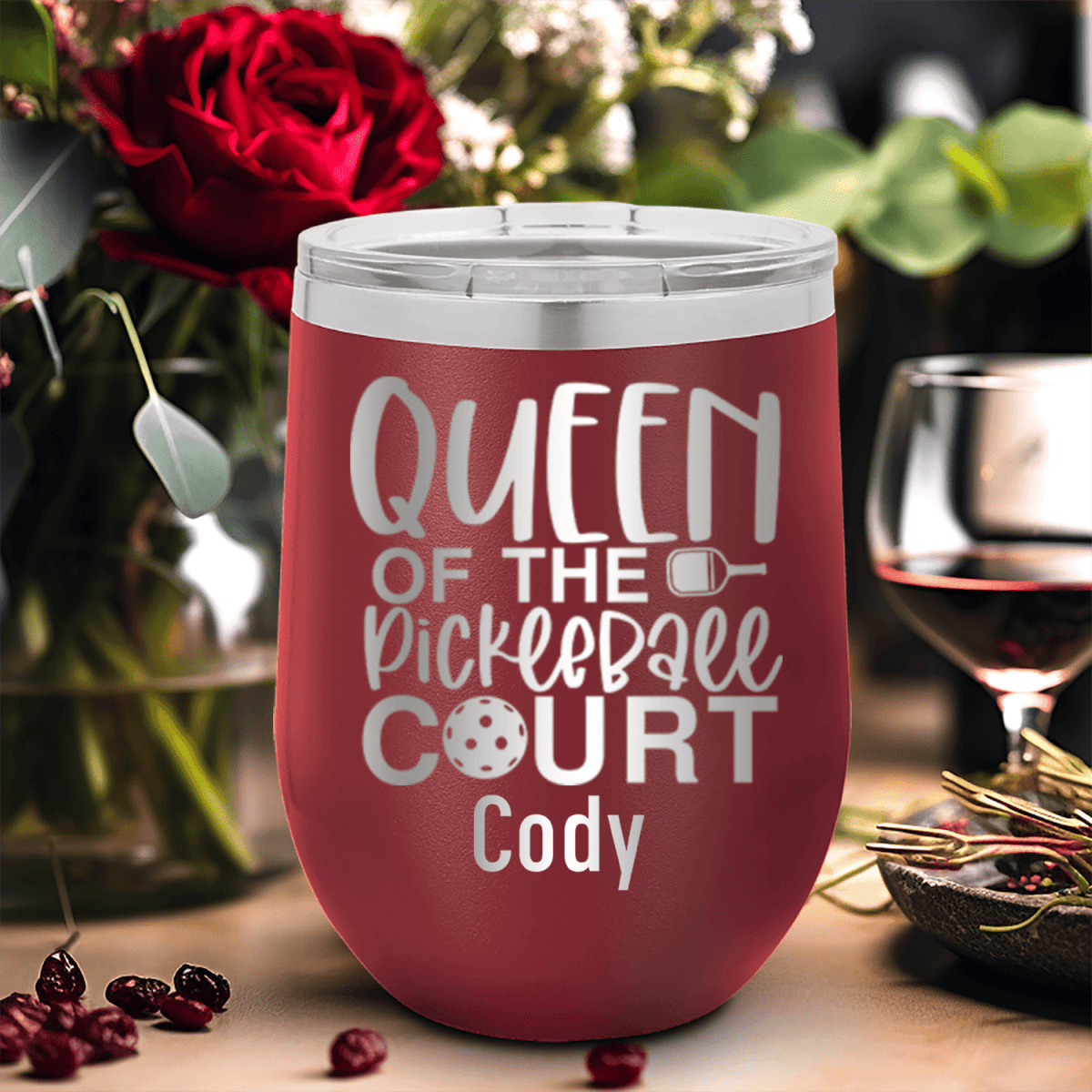 Personalized Queen Of The Pickleball Court Wine Tumbler for her, Customized Gifts for Women by Groovy Girl Gifts