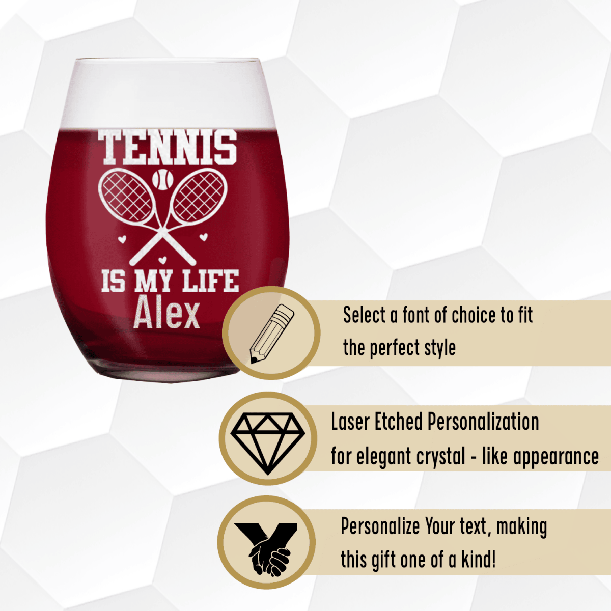 Personalized Rockin Tennis Life Stemless Wine Glass for her, Customized Gifts for Women by Groovy Girl Gifts