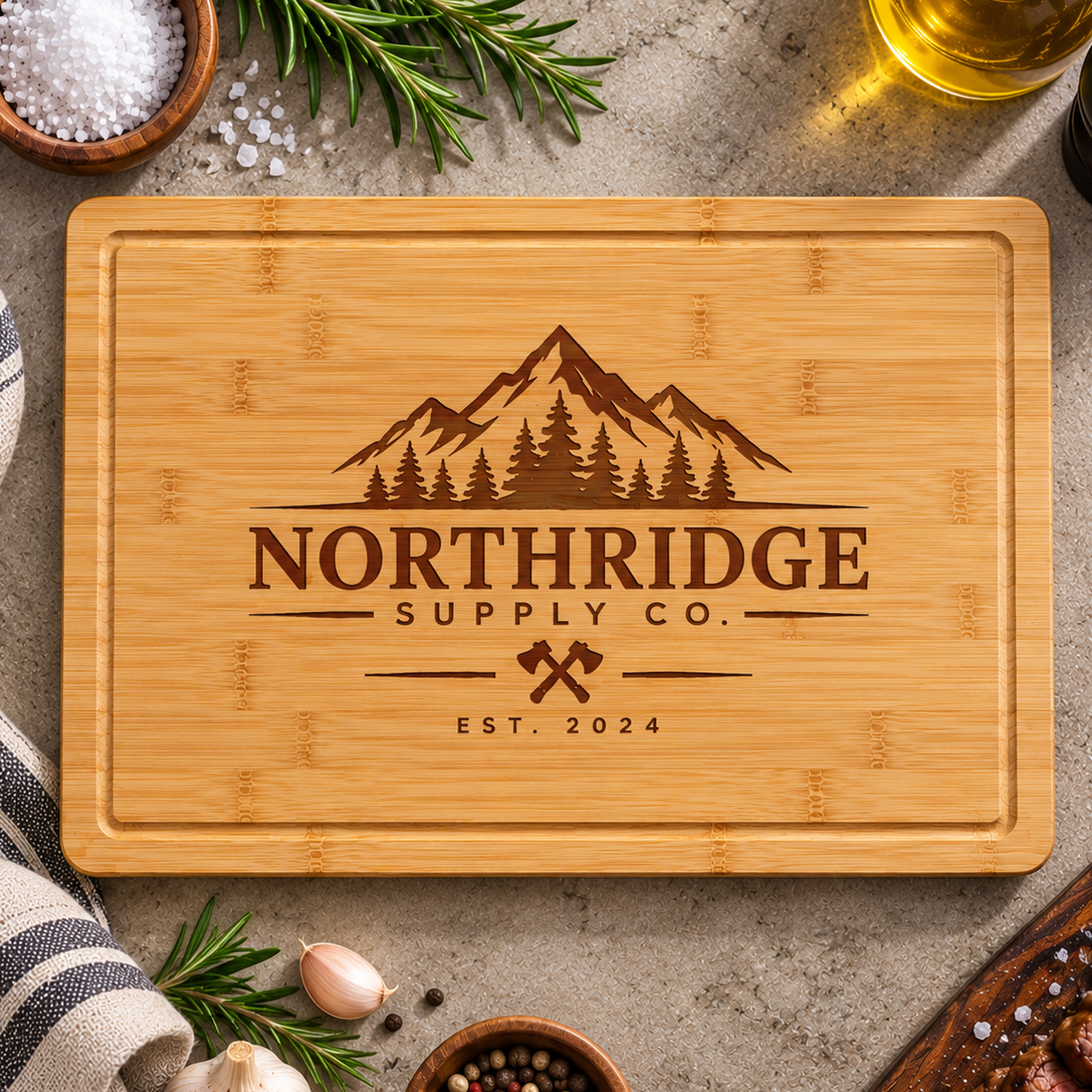 A rectangular bamboo cutting board with a laser-engraved mountain logo and the text 'NORTHRIDGE SUPPLY CO. EST.